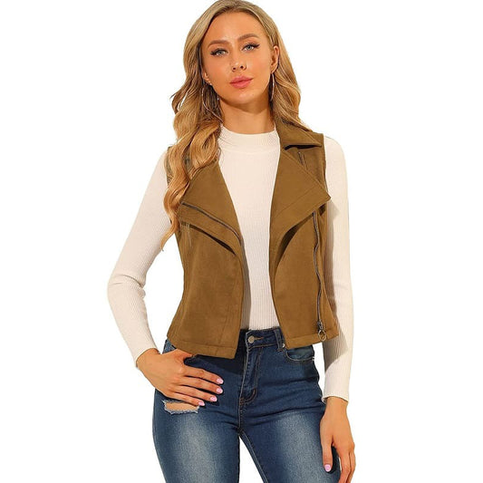 Womens Suede Leather Brown Vest Casual Jacket - Fashion Leather Jackets USA - 3AMOTO