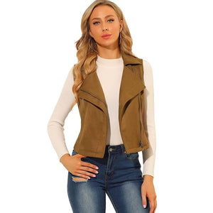 Womens Suede Leather Brown Vest Casual Jacket