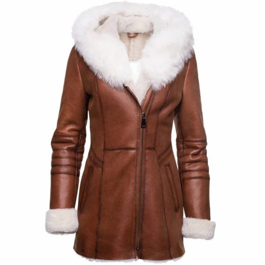 Womens Tan Shearling Trench Style Leather Coat with Fur Hooded - Fashion Leather Jackets USA - 3AMOTO