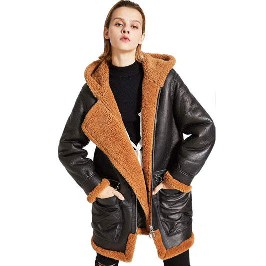 Womens Warm Hooded Sheepskin Shearling Jacket Coat - Fashion Leather Jackets USA - 3AMOTO