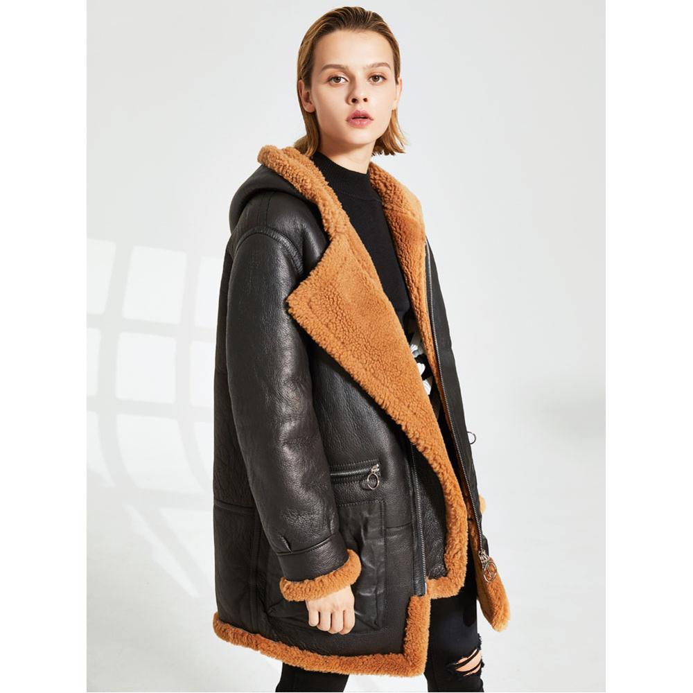 Womens Warm Hooded Sheepskin Shearling Jacket Coat