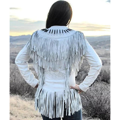 Women's White Fringed Suede Leather Jacket