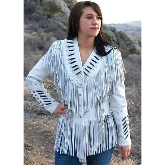 Women's White Fringed Suede Leather Jacket - Fashion Leather Jackets USA - 3AMOTO