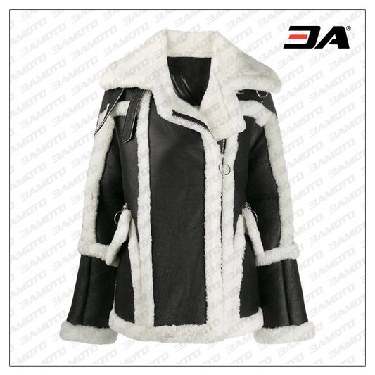 Womens Black and White Shearling Lined Coat - 3amoto shop