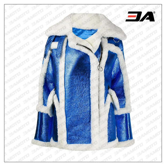 Womens Blue & White Metallic Moto Coat