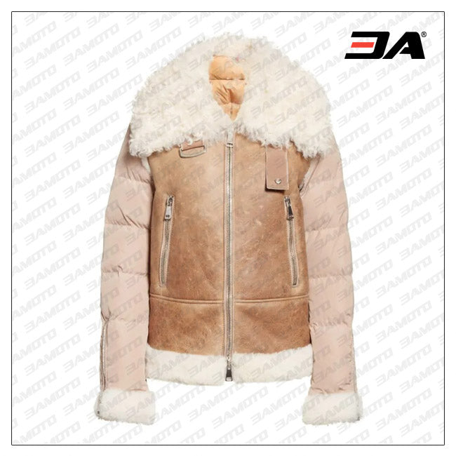 Womens Brown Genuine Shearling & Down Puffer Jacket