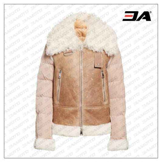 Womens Brown Genuine Shearling & Down Puffer Jacket - 3amoto shop