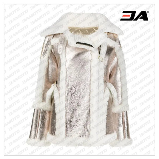 Womens Metallic Puffer Shearling Coat - Fashion Leather Jackets USA - 3AMOTO