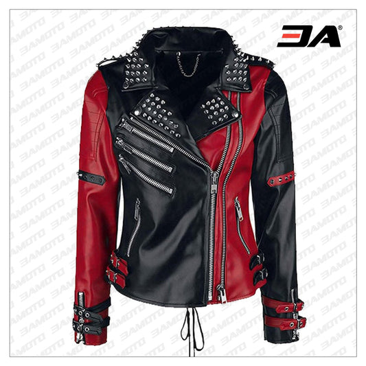 Womens Studded Leather Jacket - Handmade Punk Black & Red Studded Style Biker Silver Studs Spiked Jacket - 3A MOTO LEATHER - Fashion Leather Jackets USA - 3AMOTO