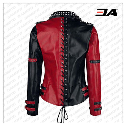 Womens Studded Leather Jacket - Handmade Punk Black & Red Studded Style Biker Silver Studs Spiked Jacket - 3A MOTO LEATHER