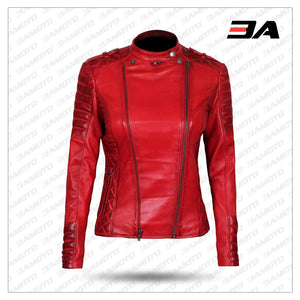 Womens Red Leather Motorcycle Jacket