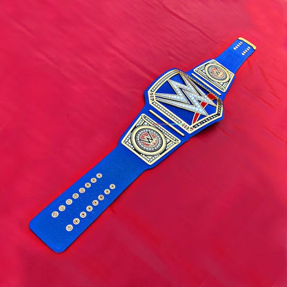 World Universal Heavyweight Wrestling Championship Gold Plated Blue Cowhide Leather Replica Title Belt