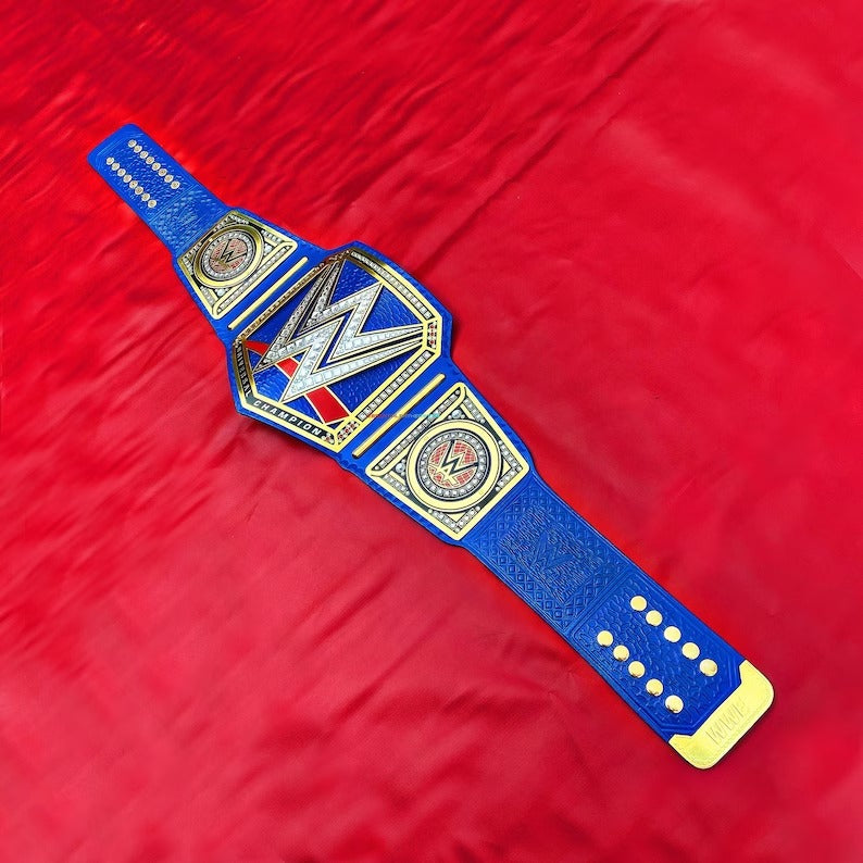 World Universal Heavyweight Wrestling Championship Gold Plated Blue Cowhide Leather Replica Title Belt