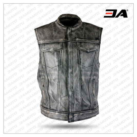 Men’s Distressed Gray Leather Premium Cowhide Vest - Fashion Leather Jackets USA - 3AMOTO