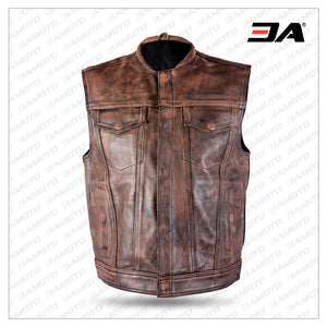 Men’s Distressed Brown Leather Premium Cowhide Vest