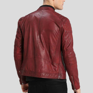 Zipper Pockets Red Leather Biker Jacket For Mens