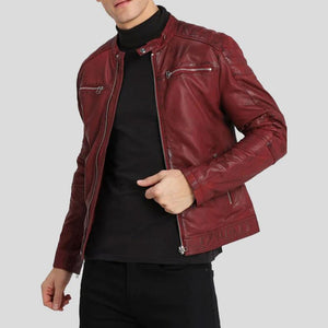 Zipper Pockets Red Leather Biker Jacket
