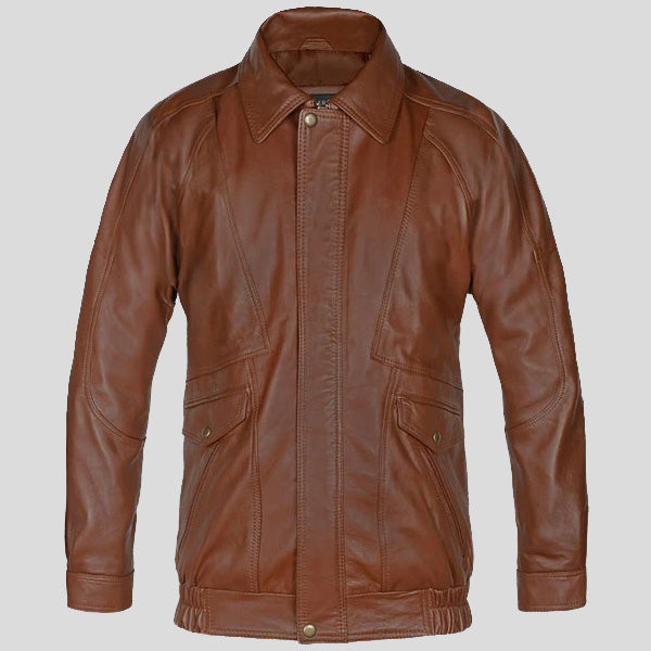 Celebrity Style Pure Brown Leather Bomber Jacket for Men