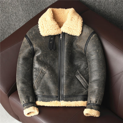 Men's Auburn Biker Pilot Sheepskin Fur Aviator Leather Jacket