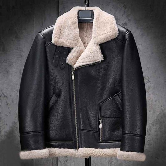 Mens Classic Black B3 Bomber Flight Shearling Sheepskin Leather Aviator Jacket - Fashion Leather Jackets USA - 3AMOTO