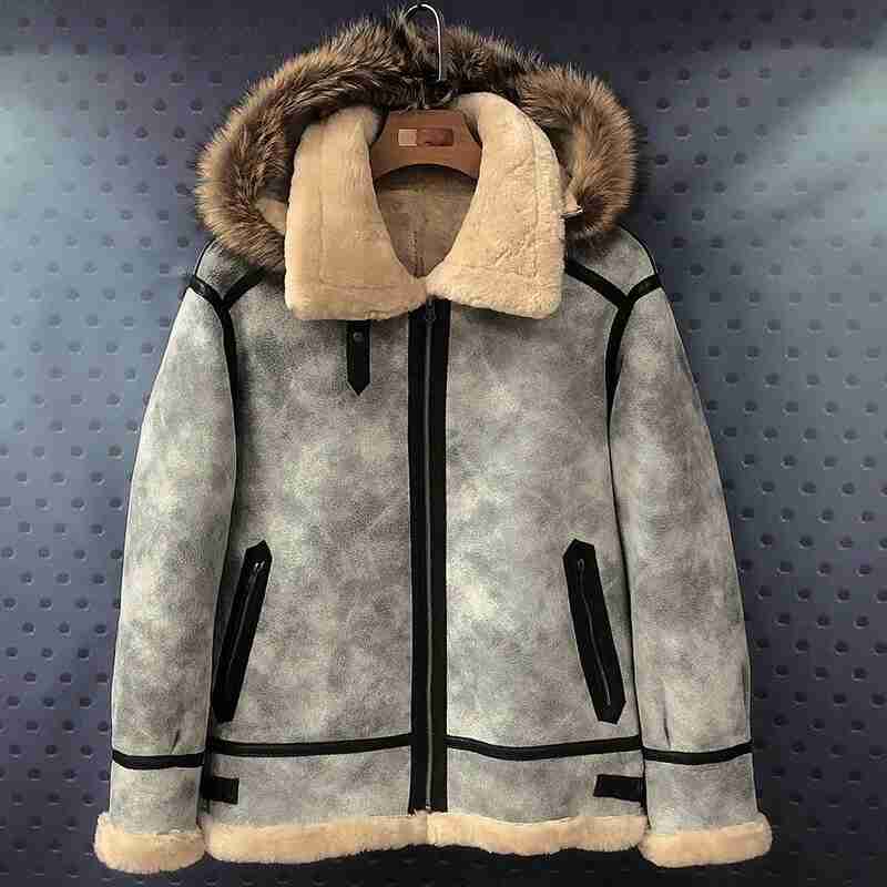 Men's B3 Bomber Shearling Sheepskin Fur Hood Motorcycle Aviator Leather Jacket