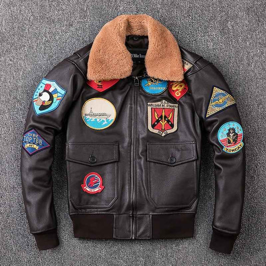 Mens Brown TOP GUN Pilot Leather Jacket with Fur Collar Aviator Coat - Fashion Leather Jackets USA - 3AMOTO