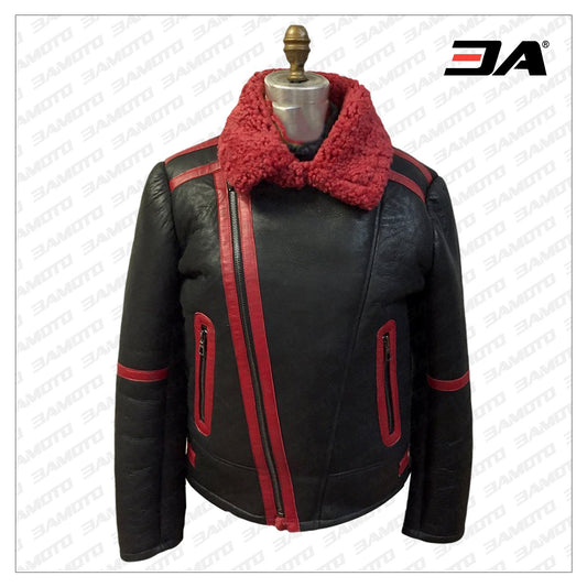 Aviator Red Black Shearling Leather Fur Jacket - Fashion Leather Jackets USA - 3AMOTO