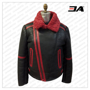 Aviator Red Black Shearling Leather Fur Jacket