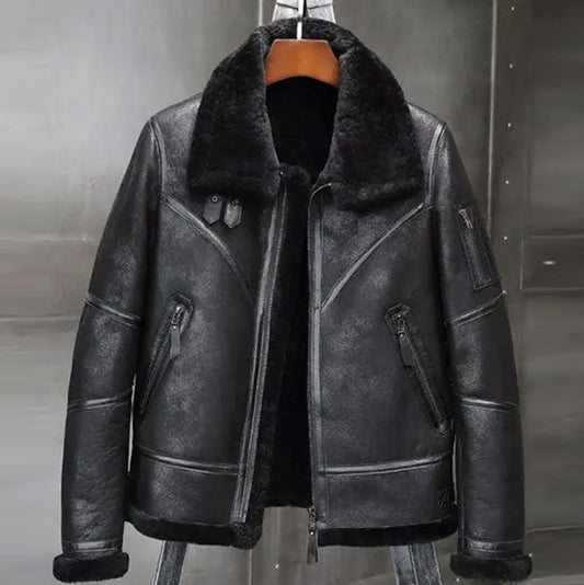 Aviator Winter Coat Fur Bomber Leather Jacket - 3amoto shop