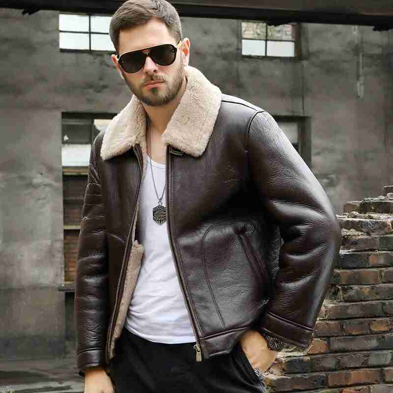 Men RAF B3 Bomber Shearling Sheepskin Retro Brown Leather Aviator Jacket