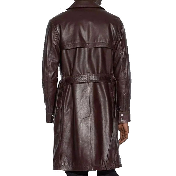 Belted Leather Trench Coat | Mens Brown Leather Long Coat