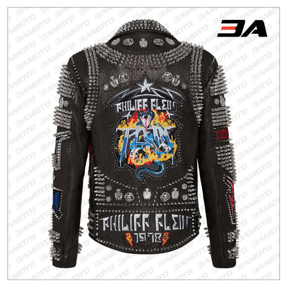 Biker Rock Studded and Embroidered Leather Jacket - 3A MOTO LEATHER