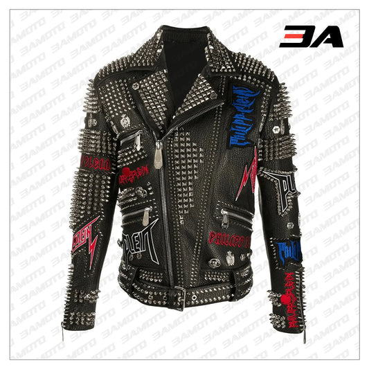 Biker Rock Studded and Embroidered Leather Jacket - 3A MOTO LEATHER - Fashion Leather Jackets USA - 3AMOTO