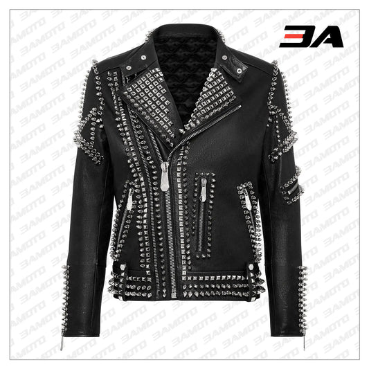 Biker Studded and Doberman Embroidered Leather Jacket - 3A MOTO LEATHER - Fashion Leather Jackets USA - 3AMOTO