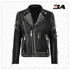 Biker Studded and Doberman Embroidered Leather Jacket - 3A MOTO LEATHER