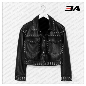 Black Cropped Leather Silver Studded Jacket - 3A MOTO LEATHER