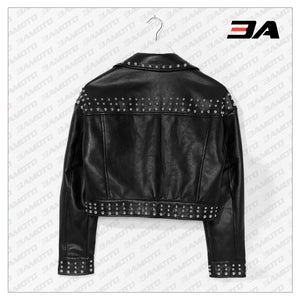 Black Cropped Leather Silver Studded Jacket - 3A MOTO LEATHER