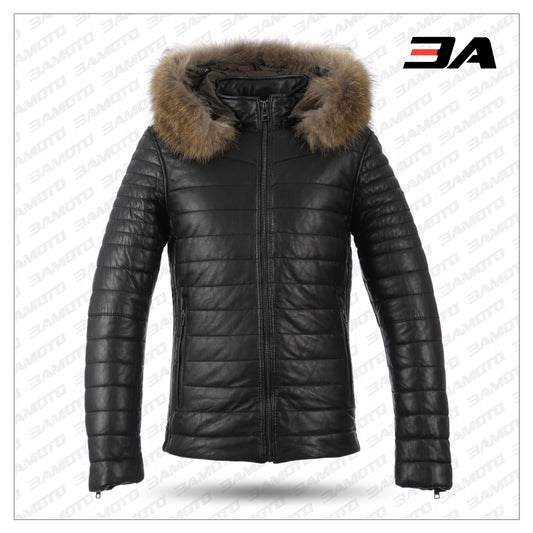 Men's Black Winter Warm Zipper Padded Down Jacket - Fashion Leather Jackets USA - 3AMOTO