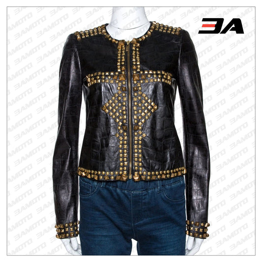 Black Embossed Leather Studded Zip Front Jacket - 3A MOTO LEATHER - 3amoto shop