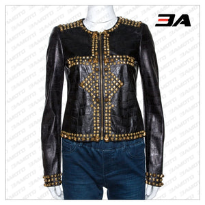Black Embossed Leather Studded Zip Front Jacket - 3A MOTO LEATHER