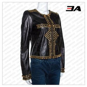 Black Embossed Leather Studded Zip Front Jacket - 3A MOTO LEATHER