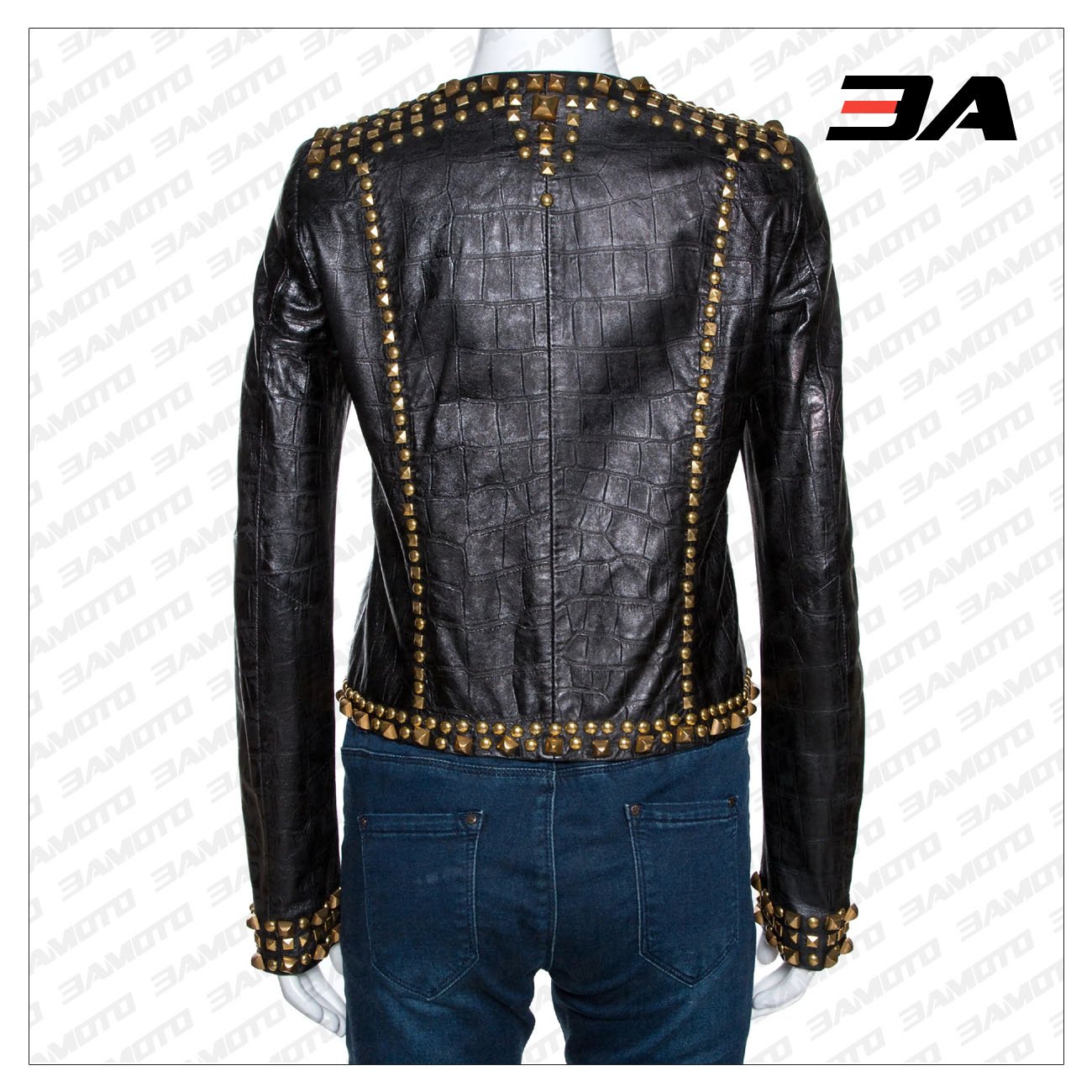 Black Embossed Leather Studded Zip Front Jacket - 3A MOTO LEATHER