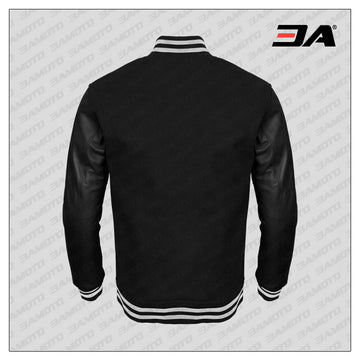 Varsity Letterman Solid Black wool Genuine Leather Sleeves bomber college  Jacket