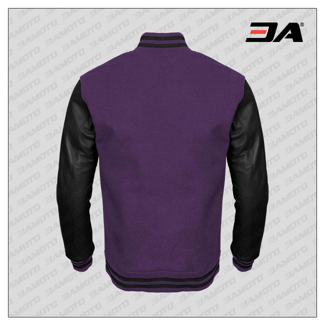 Black Faux Leather Sleeves Purple Wool Letterman Jacket