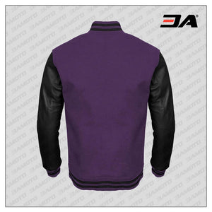 Black Faux Leather Sleeves Purple Wool Letterman Jacket