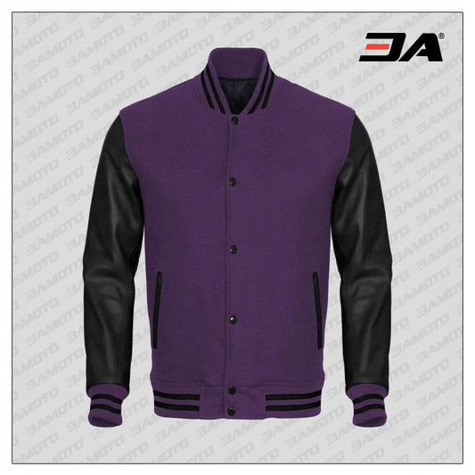 Black Faux Leather Sleeves Purple Wool Varsity Jacket - Fashion Leather Jackets USA - 3AMOTO