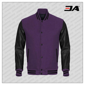 Black Faux Leather Sleeves Purple Wool Varsity Jacket