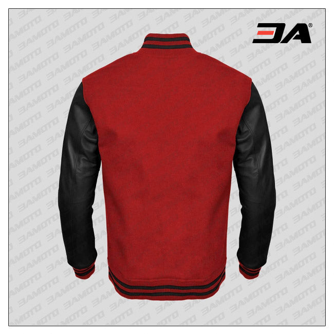 Varsity Letterman Bomber Jacket Red Wool & Black Real Leather Sleeves