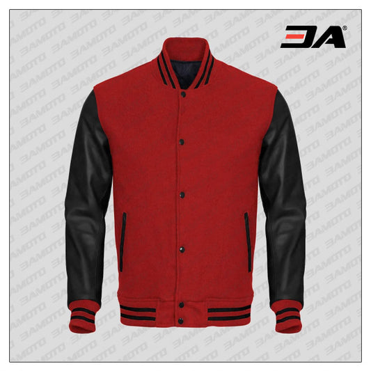 Black Faux Leather Sleeves Red Wool Varsity Jacket - Fashion Leather Jackets USA - 3AMOTO