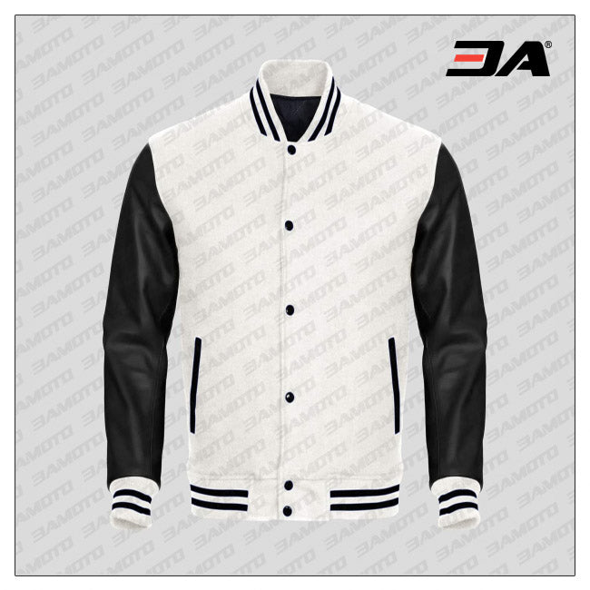 Black Faux Leather Sleeves White Wool Varsity Jacket